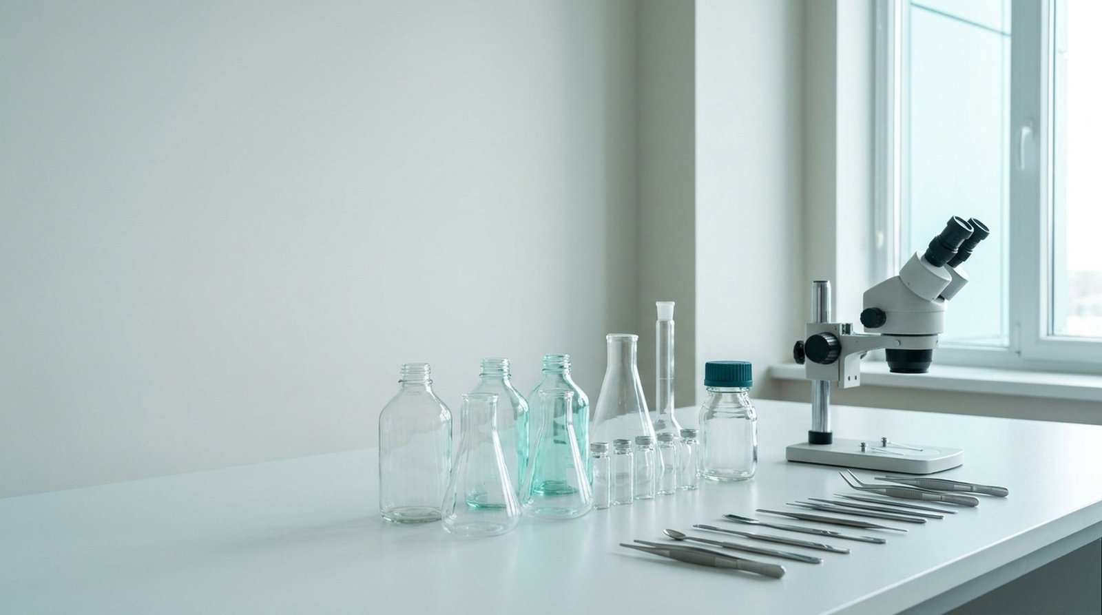 A laboratory bench of Glow Bioresearch instruments and glassware
